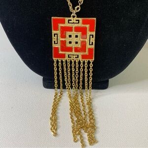 Asian Art Deco Red Enamel Dangling Chains Tassel Necklace Gold Tone Jewelry VTG